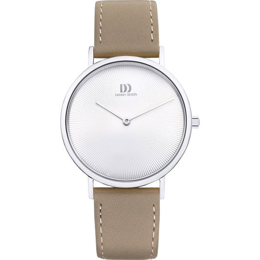 Damenarmbanduhr Danish Design mit rundem silbernem Gehäuse, beigem Lederband und weißem Zifferblatt