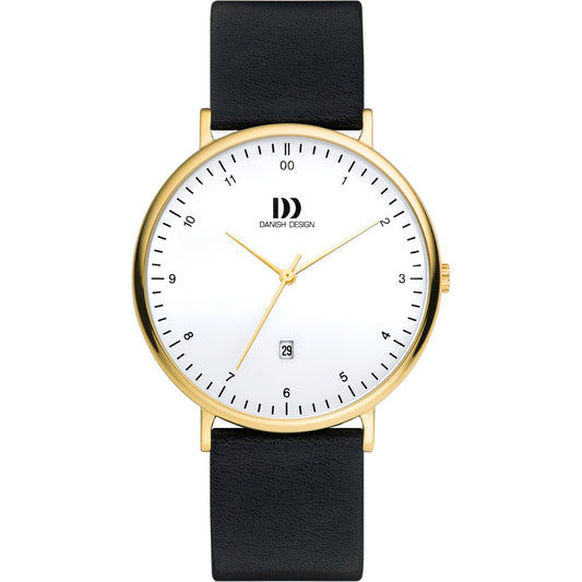 Herrenarmbanduhr mit schwarzem Lederband, goldener Lünette und weißem Zifferblatt mit Datum