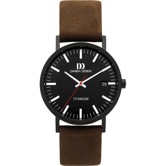 Herrenarmbanduhr Danish Design: schwarzes Zifferblatt, braunes Lederband, Datumsfenster