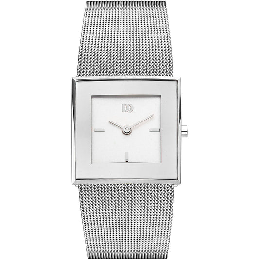 Damen-Armbanduhr mit eckigem Edelstahlgehäuse und silbernem Milanaiseband, weißem Zifferblatt