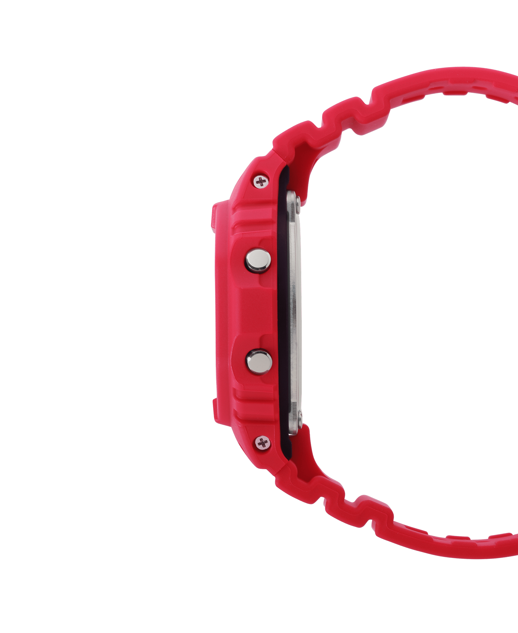 Casio G-Shock Seitenansicht: rotes Gehäuse mit Knöpfen und Schutzrahmen am Armband.