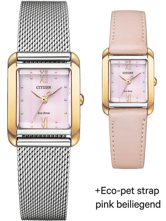 Armbanduhr mit rosafarbenem Zifferblatt, Roségold-Gehäuse und Edelstahl-Mesharmband