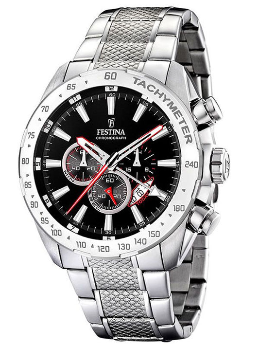 Festina Herren-Chronograph mit Tachymeter-Lünette, schwarzem Zifferblatt und Stahlarmband