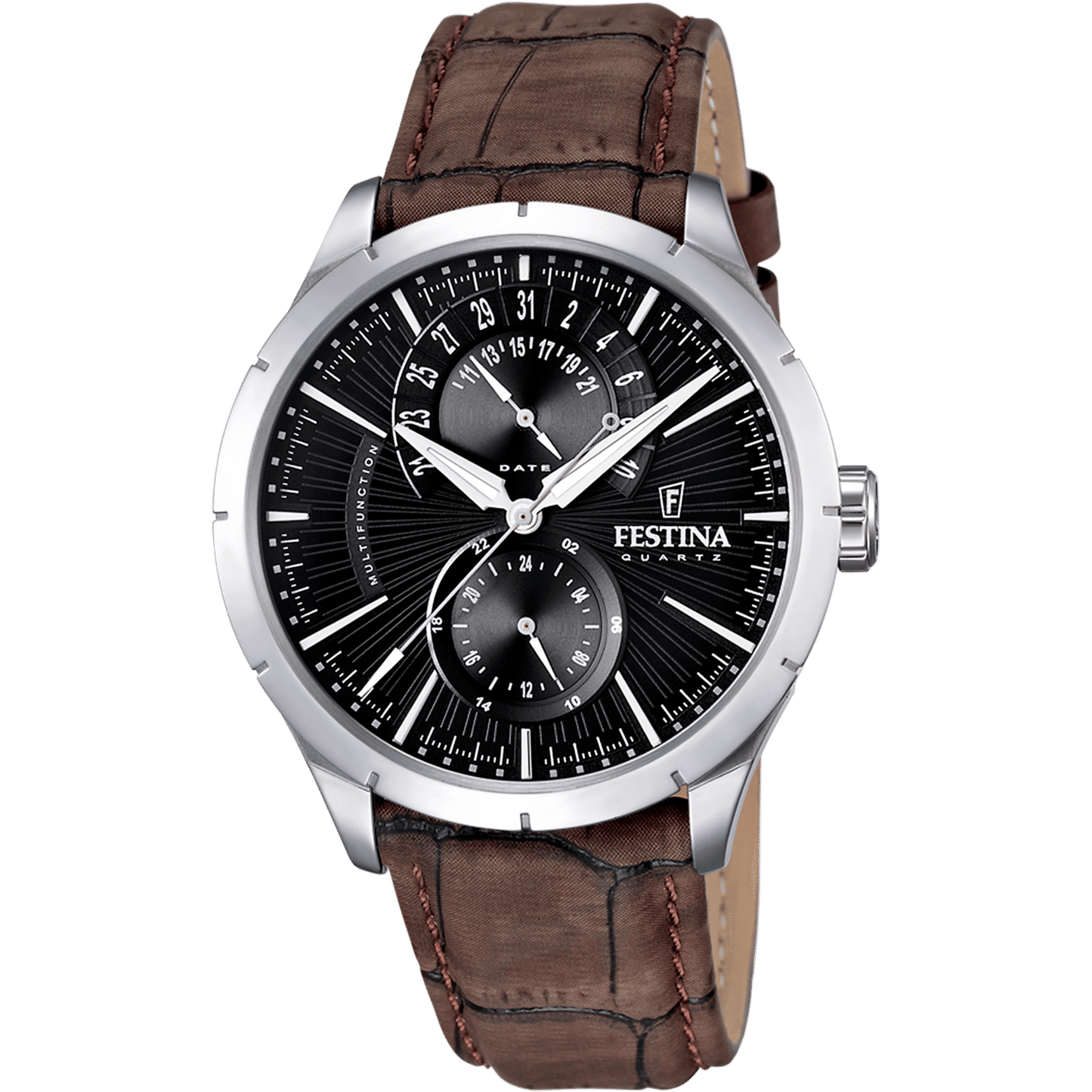 Festina F16573/4 Herrenuhr Multifunktion • Stahlgehäuse mit Mineralglas • Braunes Lederarmband