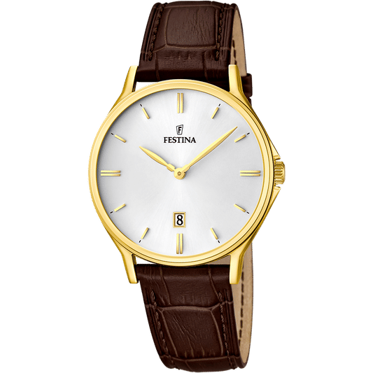 Festina Herrenarmbanduhr mit goldenem Gehäuse, weißem Zifferblatt und braunem Lederarmband
