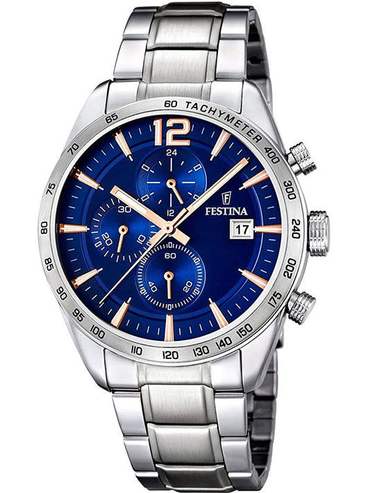 Festina Herrenarmbanduhr mit blauem Chronograph-Zifferblatt, Edelstahlarmband.