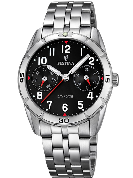 Zegarek dziecięcy Festina Junior Collection F16908/3 z czarną tarczą, bransoletą ze stali szlachetnej, datownikiem i dniem tygodnia