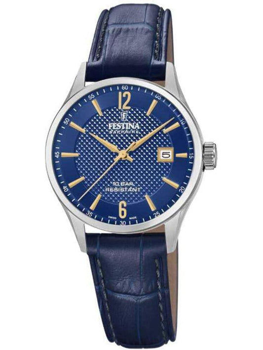 Festina Damenuhr mit blauem Zifferblatt, blauem Lederarmband und Edelstahlgehäuse