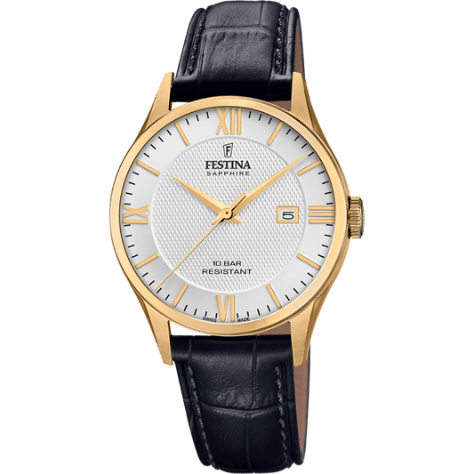 Festina Herrenuhr mit Echtlederarmband, Saphirglas, blauem Zifferblatt und goldfarbenem Gehäuse