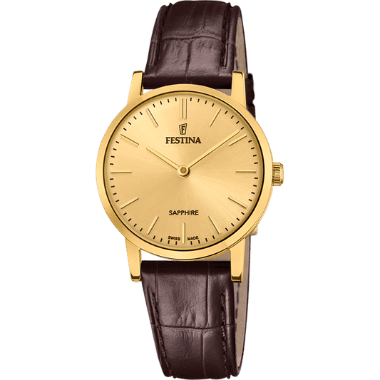 Festina Damenuhr mit braunem Lederband, rundem goldfarbenem Gehäuse und Saphirglas