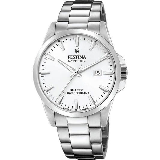 Festina Herrenuhr mit Edelstahlarmband, rundem weißem Zifferblatt, Datumsanzeige