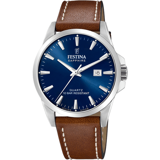 Herren-Armbanduhr mit blauem Zifferblatt, braunem Lederband und Edelstahlgehäuse, Saphirglas