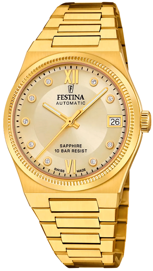 Festina Rivé Damenuhr in Goldton mit Champagnerzifferblatt, Saphirglas und Datum