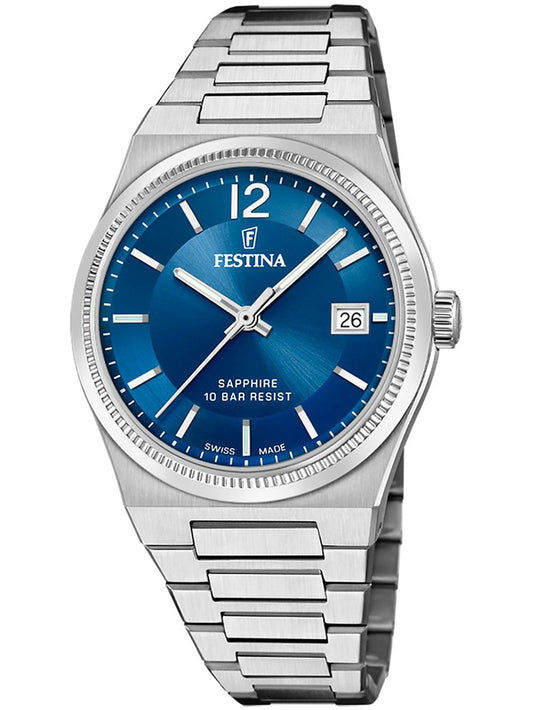 Festina Damenuhr mit blauem Zifferblatt, Metallarmband, Saphirglas und Datum