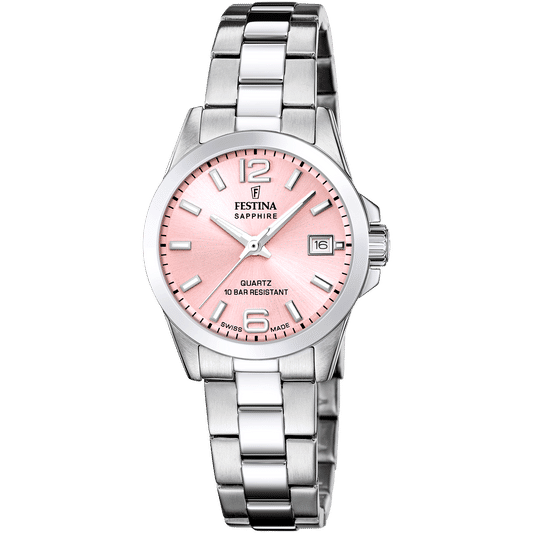 Festina Damenuhr mit rosa Zifferblatt, silbernem Edelstahlband und Datumsanzeige