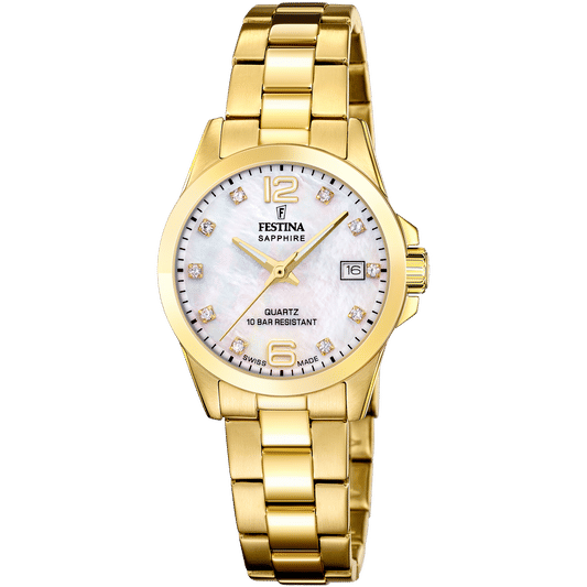Festina Damenuhr mit goldenem Edelstahlarmband, perlmuttfarbenem Zifferblatt und Datum