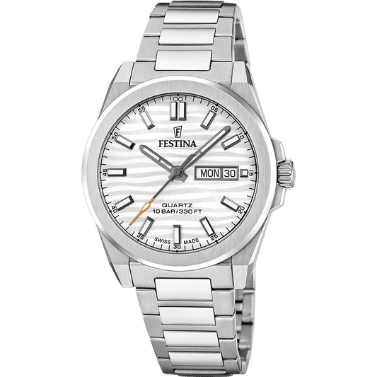 Festina Herrenarmbanduhr mit silberfarbenem Edelstahlband, weißem Zifferblatt und Datumsfenster