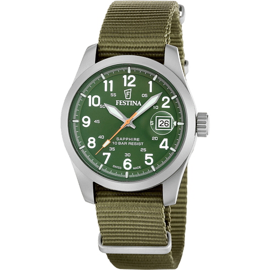 Festina Herrenuhr mit grünem Zifferblatt, Saphirglas und olivfarbenem Textilarmband