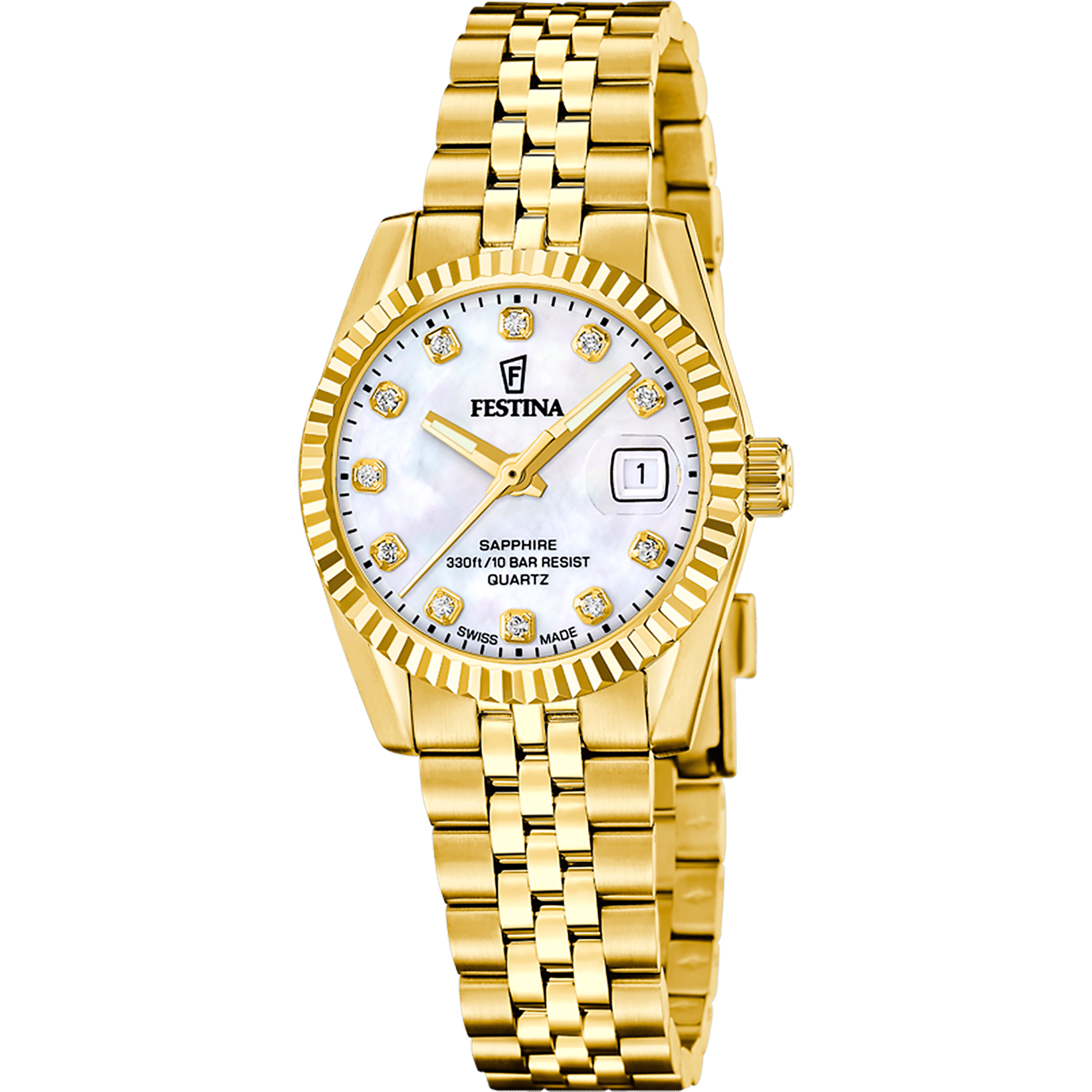 Festina Classic Swiss Made F20089/1 Damenuhr • Saphirglas • Edelstahlarmband Gold