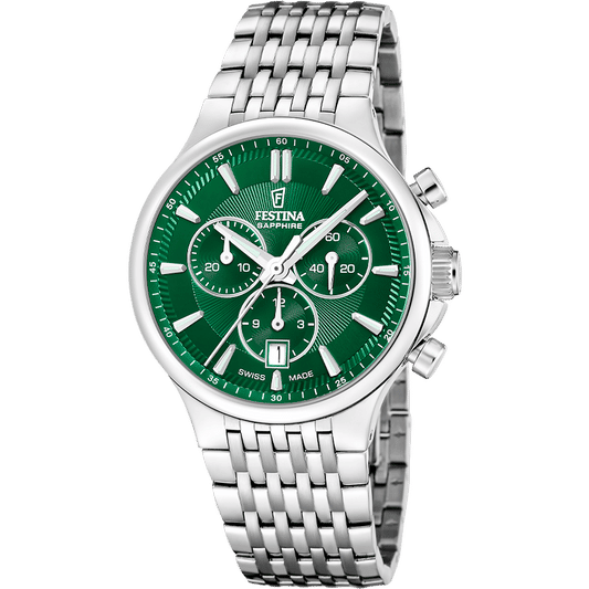 Festina Herrenuhr mit Chronograph, grünem Zifferblatt, Edelstahlarmband und Saphirglas