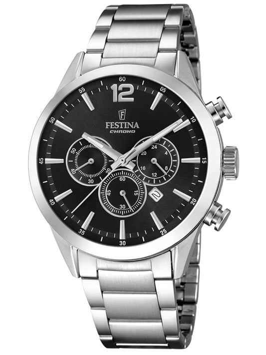 Zegarek męski Festina Chronograph z czarną tarczą i bransoletą ze stali szlachetnej