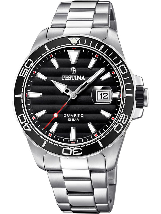 Festina Prestige Herrenuhr mit schwarzem Zifferblatt, Stahlarmband und Drehlünette