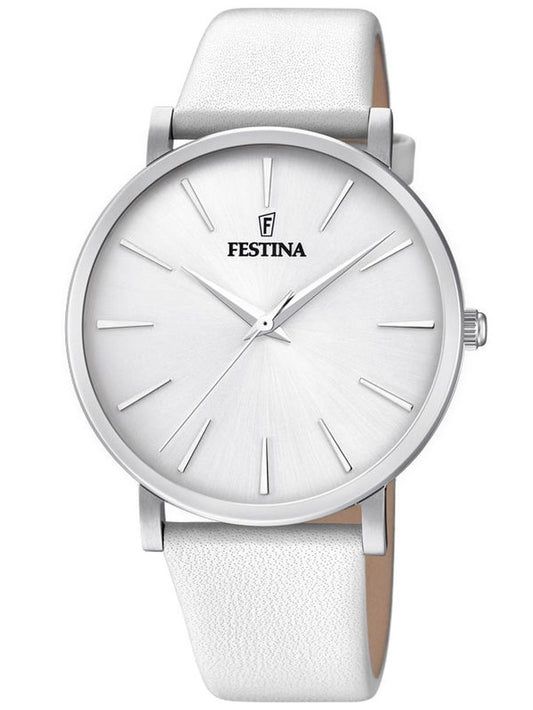 Damenarmbanduhr Festina mit weißem Zifferblatt, silbernem Gehäuse und beigem Lederband