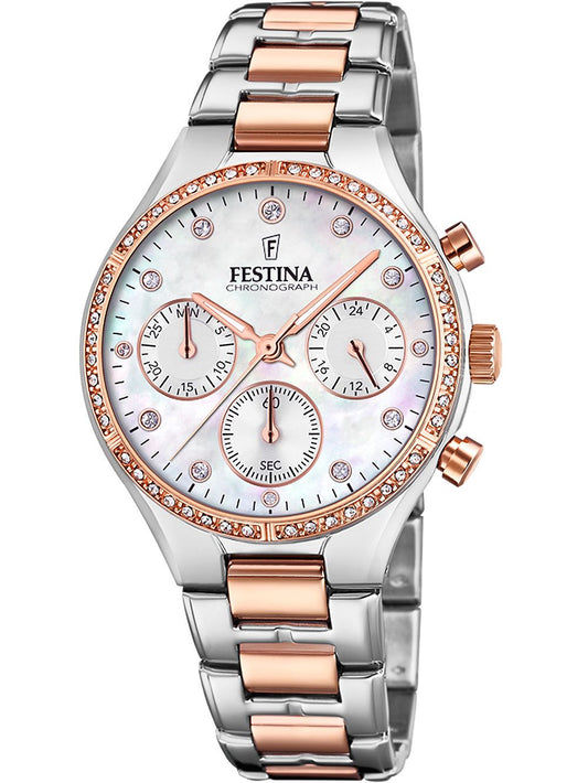 Damski zegarek Festina z chronografem, tarczą w kolorze masy perłowej i metalową bransoletą