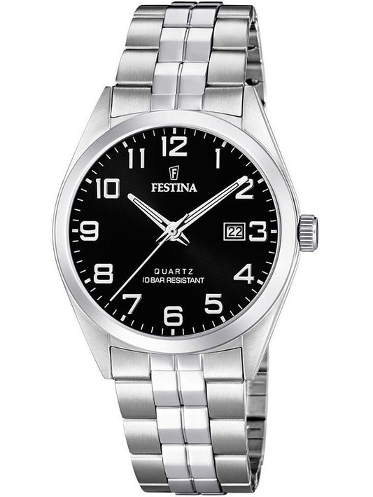 Zegarek męski Festina Classics z czarną tarczą, bransoletą ze stali szlachetnej i datownikiem