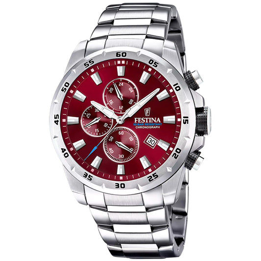 Męski zegarek Festina Chronograph z czerwoną tarczą, bransoletą ze stali szlachetnej i dodatkowymi tarczami