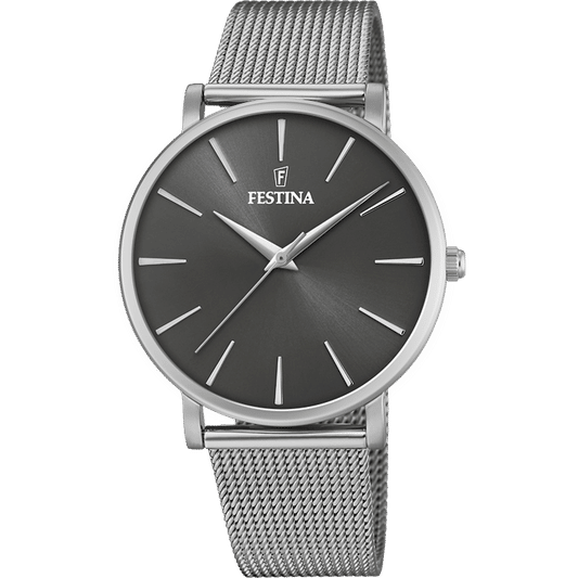 Festina Damenuhr mit schwarzem Zifferblatt und Edelstahl-Meshband