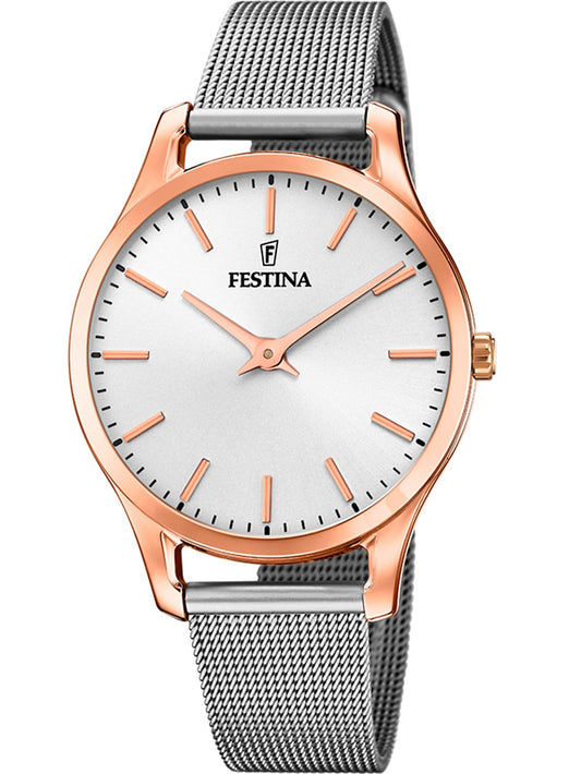 Festina Damenuhr: weißes Zifferblatt, silbernes Meshband, Roségoldfarbener Rahmen