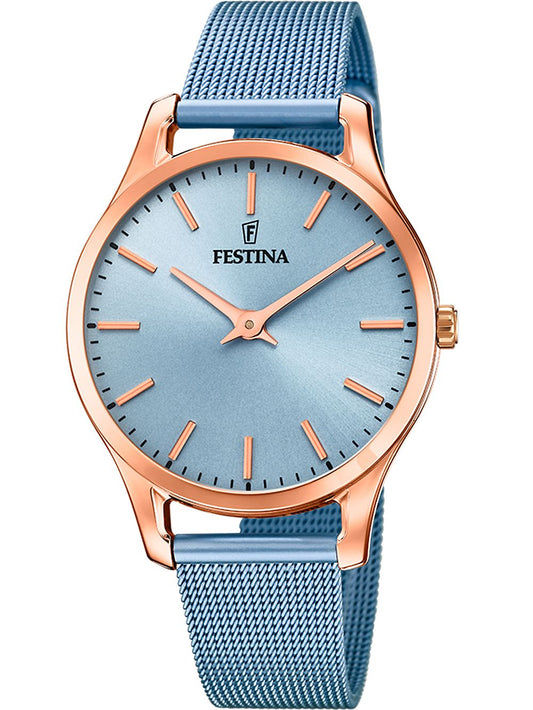Damenuhr mit blauem Milanaise-Armband, roségoldenem Gehäuse und blauem Zifferblatt