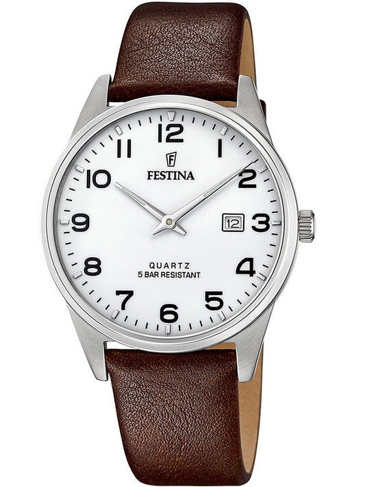 Zegarek męski Festina Classics z białą tarczą i brązowym skórzanym paskiem, kwarcowy