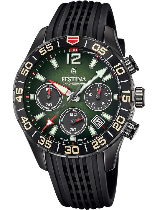 Festina Herrenuhr mit Chronograph, schwarzes Armband, grünes Zifferblatt und schwarze Drücker