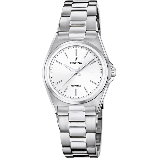 Festina Damenuhr mit weißem Zifferblatt und Edelstahlarmband, Analoganzeige