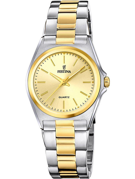 Festina Damenuhr mit bicolor Edelstahlarmband, rundem gelbem Zifferblatt und Mineralglas