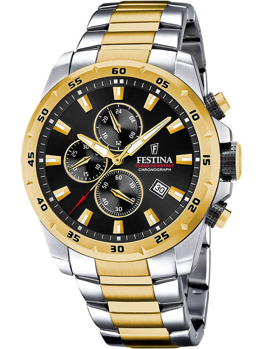 Bicolor-Herrenuhr von Festina mit schwarzem Zifferblatt, Chronograph und Tachymeter-Lünette