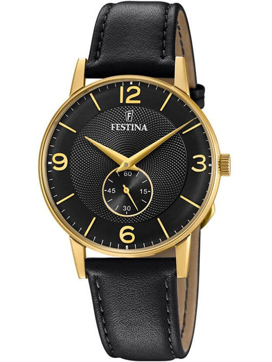 Festina Herrenarmbanduhr: schwarzes Zifferblatt, goldfarbene Lünette, schwarzes Lederband
