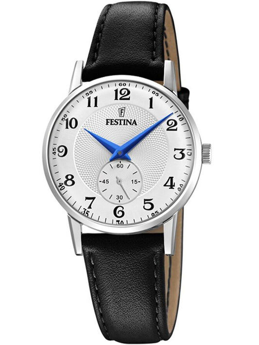 Festina Retro Damenuhr mit silbernem Gehäuse, schwarzem Lederarmband und weißem Zifferblatt