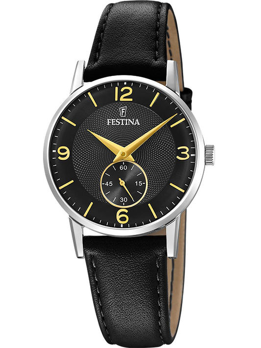 Damenuhr von Festina mit schwarzem Lederarmband, schwarzem Zifferblatt und Leuchtziffern