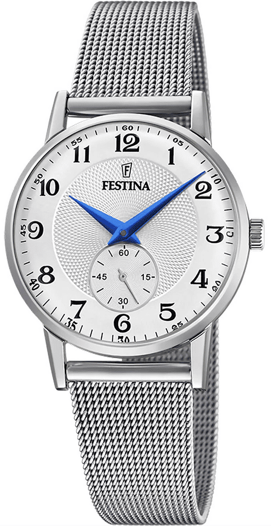 Festina Armbanduhr mit silbernem Zifferblatt, blauem Dreieck und Edelstahl-Meshband