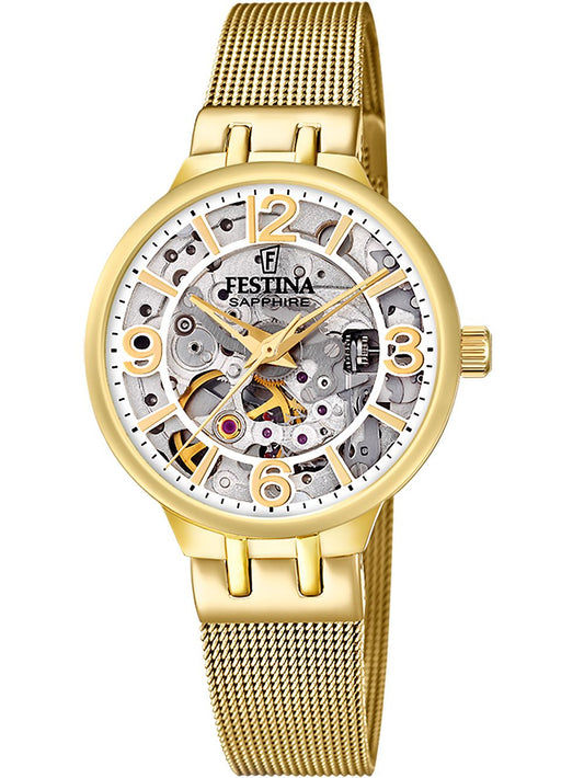 Festina F20580/1 Damenuhr Automatik Gold • Saphirglas • Edelstahlarmband