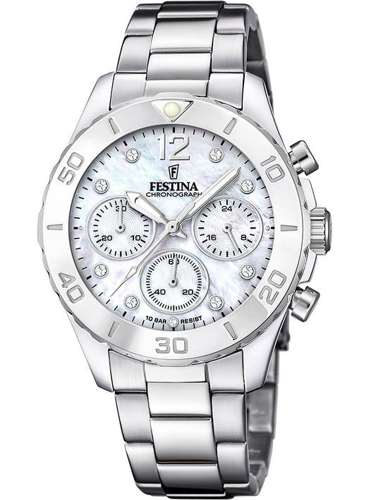 Festina Damenchronograph mit Perlmutt-Zifferblatt und Edelstahlgliederband