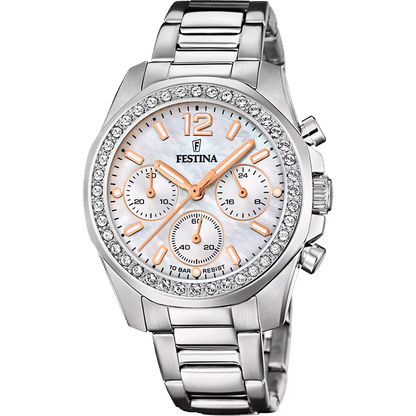 Festina Damenuhr mit Chronographen-Zifferblatt, Kristalllünette und Edelstahlarmband