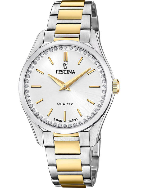Damenuhr Festina mit zweifarbigem Metallarmband, weißem Zifferblatt und goldenen Akzenten