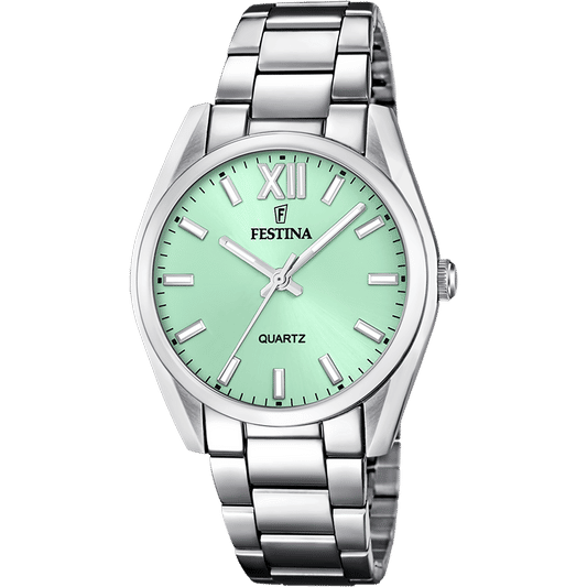 Festina Damenuhr mit grünem Zifferblatt, römischen Zahlen und Edelstahlarmband