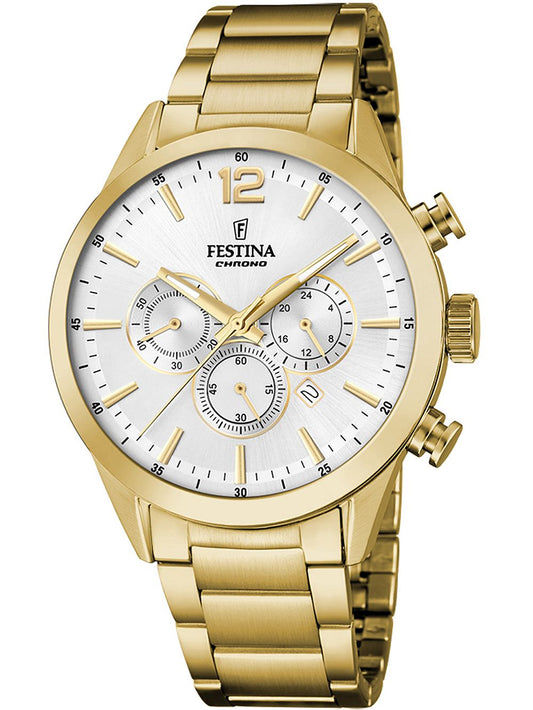 FESTINA Chronograph-Herrenuhr mit goldfarbenem Armband, weißem Zifferblatt und Chrono-Drückern