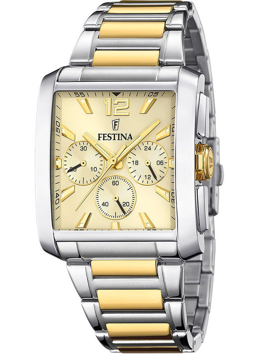 Zweifarbige Herren-Chronographenuhr mit silbernem Gehäuse, goldenen Akzenten und gelbem Zifferblatt