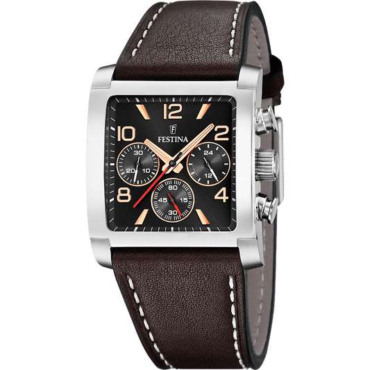 Festina Herrenuhr mit schwarzem Zifferblatt, braunem Lederarmband und Chronograph-Gehäuse in Silber
